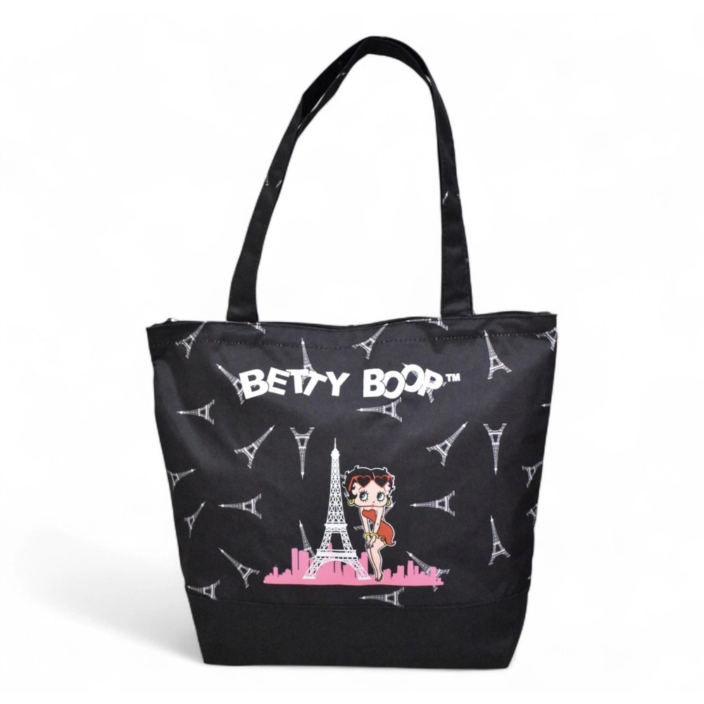 Betty Boop Paris Eiffel Tower Black Canvas Tote Bag Zip Pouch NWT